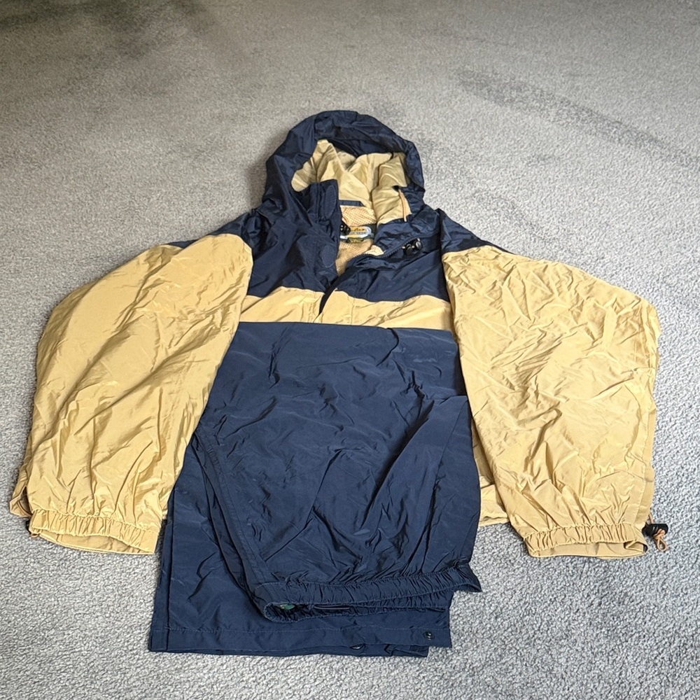 Cabela’s Packable Rain Gear Bundle! Navy/Tan Hooded Jacket/Navy Pants. size XL/L